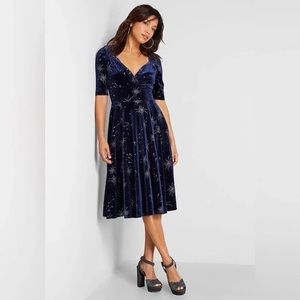 ModCloth & Collectif Vixen Match Fireworks Print Blue Velvet Midi Dress Retro